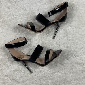 Little Empresses black stiletto and silver heel strappy sandals, size 39 or 8